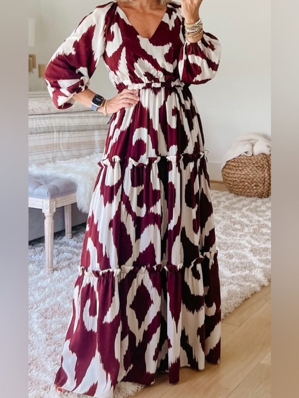 NWT Express Satin Ikat Tiered Maxi Dress Sz M Wedding Fall Burgundy Maroon White